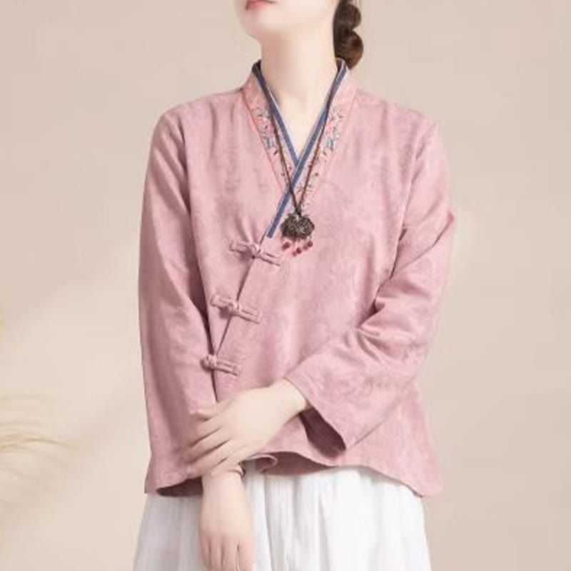 Buddha Stones刺繍の花と草のカエルボタンの長袖コットンレディースシャツ - ピンク - US12、 UK/AU16、 EU44 (3XL) - image 0