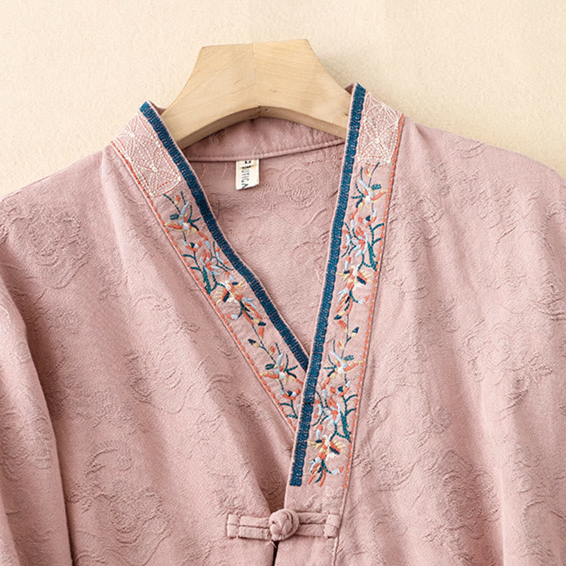 Buddha Stones刺繍の花と草のカエルボタンの長袖コットンレディースシャツ - image 4