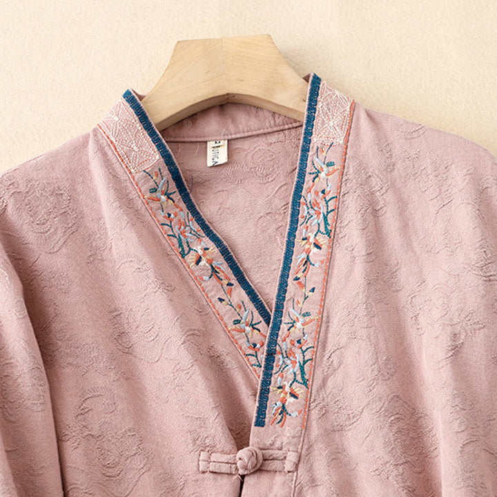 Buddha Stones刺繍の花と草のカエルボタンの長袖コットンレディースシャツ - image 4