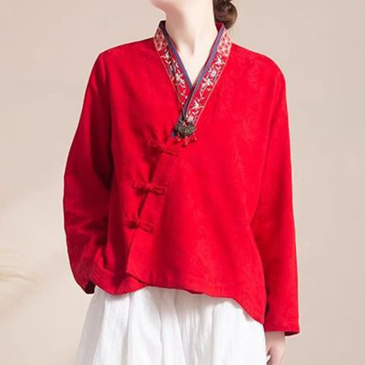 Buddha Stones刺繍の花と草のカエルボタンの長袖コットンレディースシャツ - 赤 - US12、 UK/AU16、 EU44 (3XL) - image 17