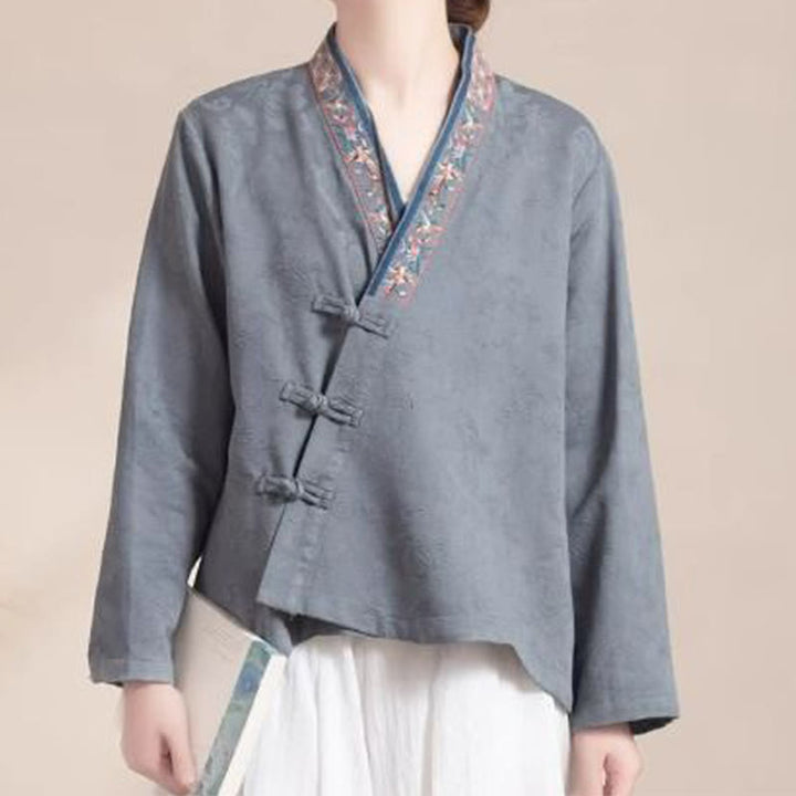 Buddha Stones刺繍の花と草のカエルボタンの長袖コットンレディースシャツ - グレー - US12、 UK/AU16、 EU44 (3XL) - image 20
