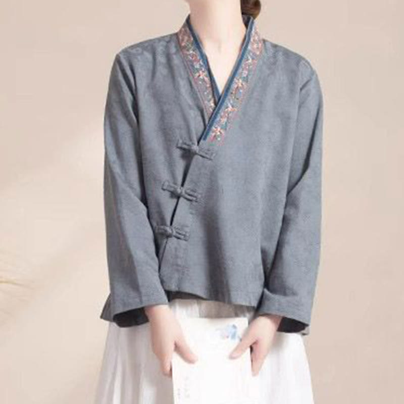 Buddha Stones刺繍の花と草のカエルボタンの長袖コットンレディースシャツ - image 21