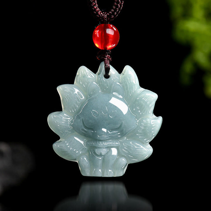 Buddha Stones天然グリーン翡翠九尾狐の豊穣のネックレスペンダント
