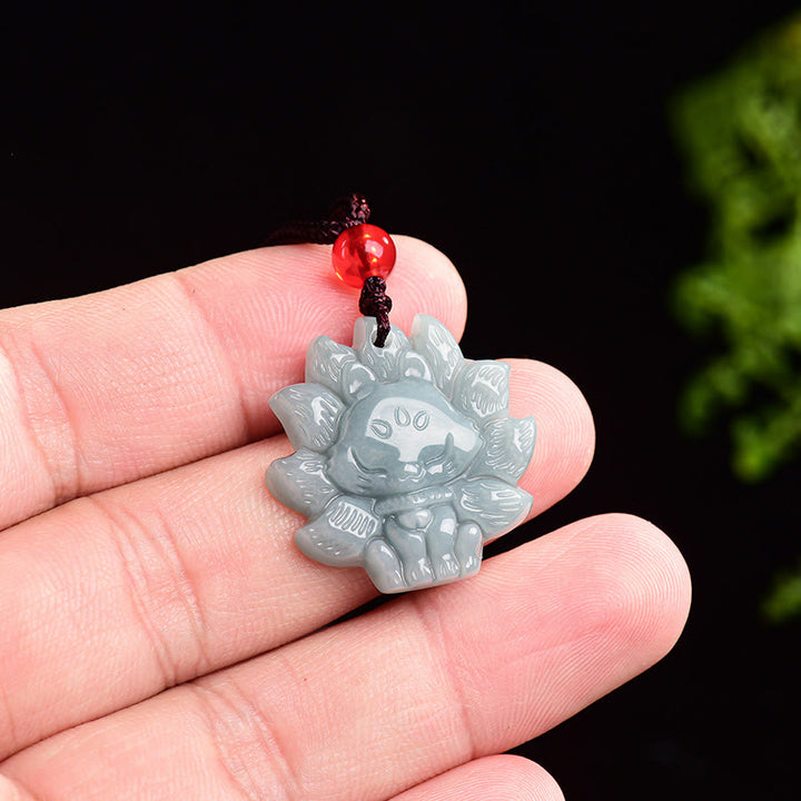 Buddha Stones天然グリーン翡翠九尾狐の豊穣のネックレスペンダント
