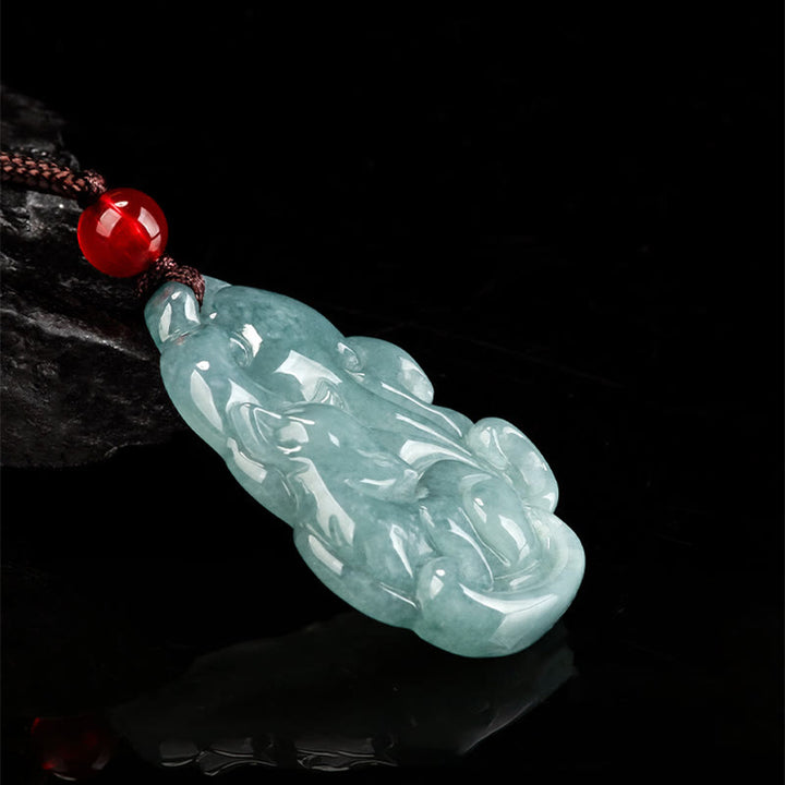 Buddha Stones天然グリーン翡翠九尾狐妖精繁栄ネックレスペンダント