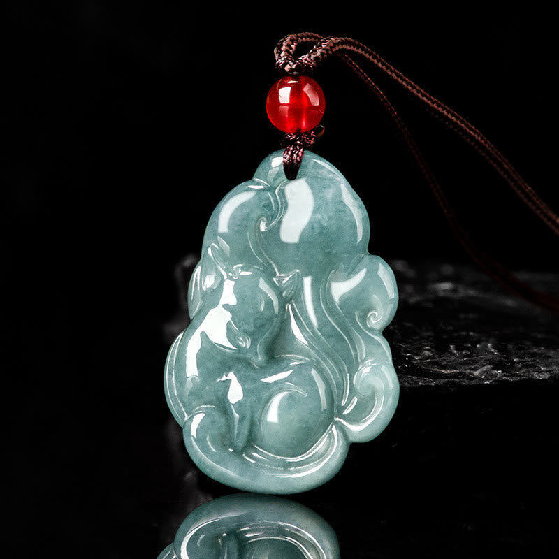 Buddha Stones天然グリーン翡翠九尾狐妖精繁栄ネックレスペンダント