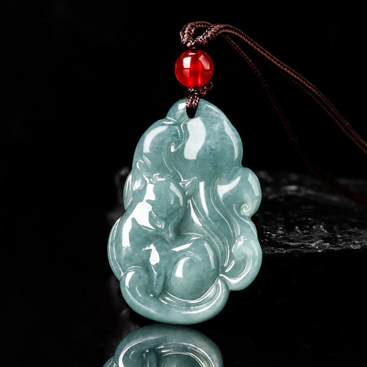 Buddha Stones天然グリーン翡翠九尾狐妖精繁栄ネックレスペンダント