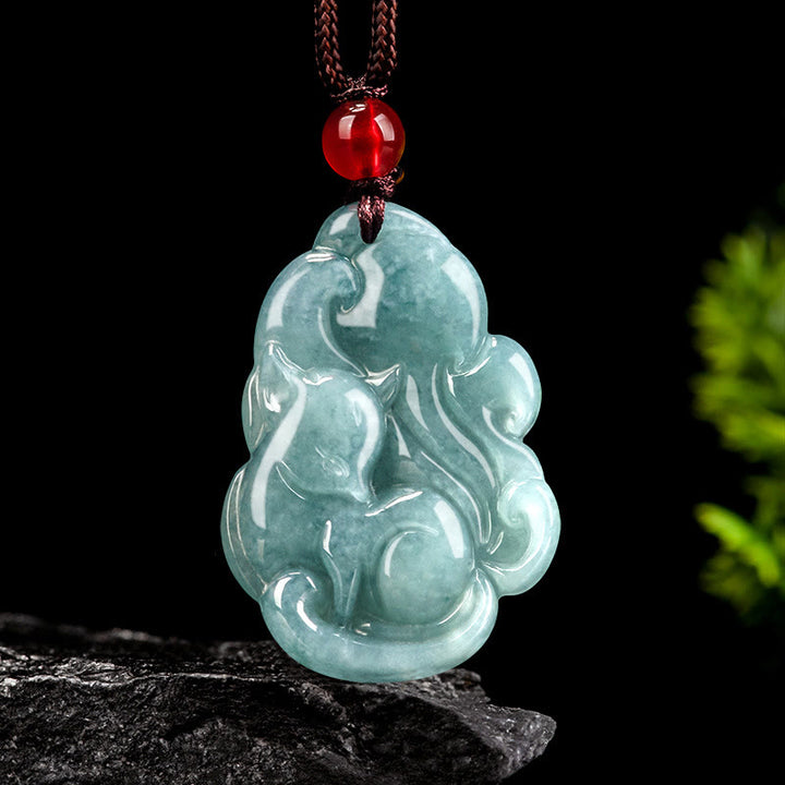 Buddha Stones天然グリーン翡翠九尾狐妖精繁栄ネックレスペンダント