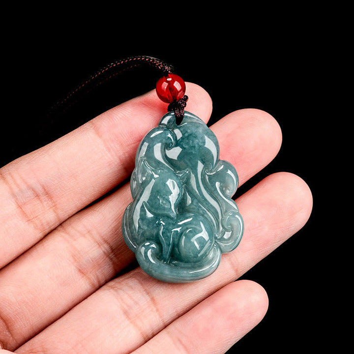 Buddha Stones天然グリーン翡翠九尾狐妖精繁栄ネックレスペンダント
