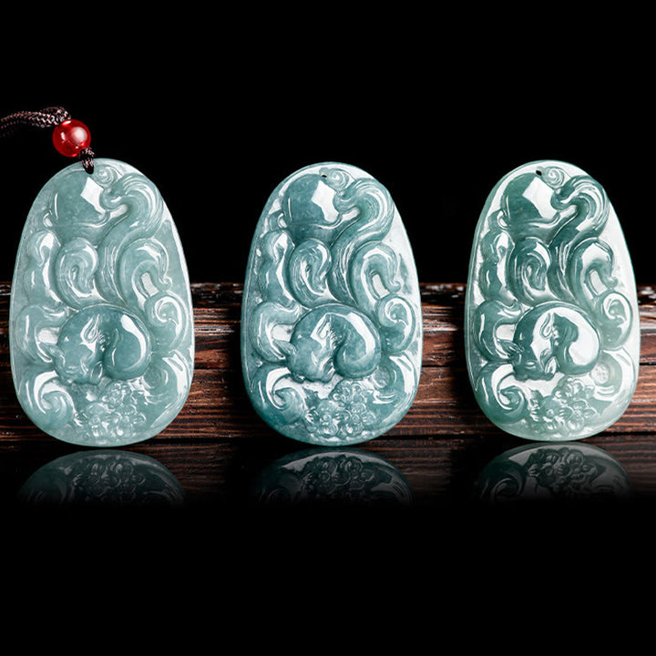 Buddha Stones天然緑翡翠 九尾狐花 幸運のネックレスペンダント