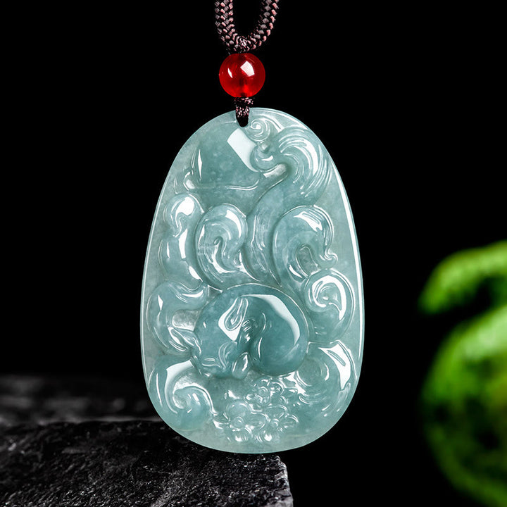 Buddha Stones天然緑翡翠 九尾狐花 幸運のネックレスペンダント
