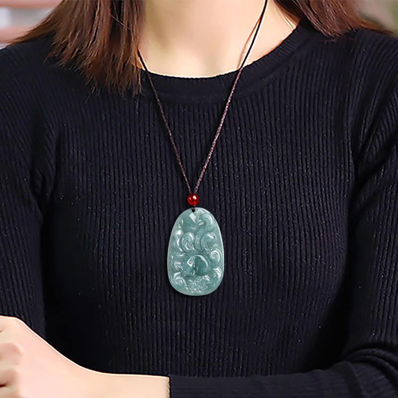 Buddha Stones天然緑翡翠 九尾狐花 幸運のネックレスペンダント
