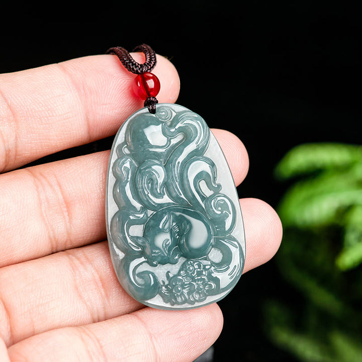 Buddha Stones天然緑翡翠 九尾狐花 幸運のネックレスペンダント