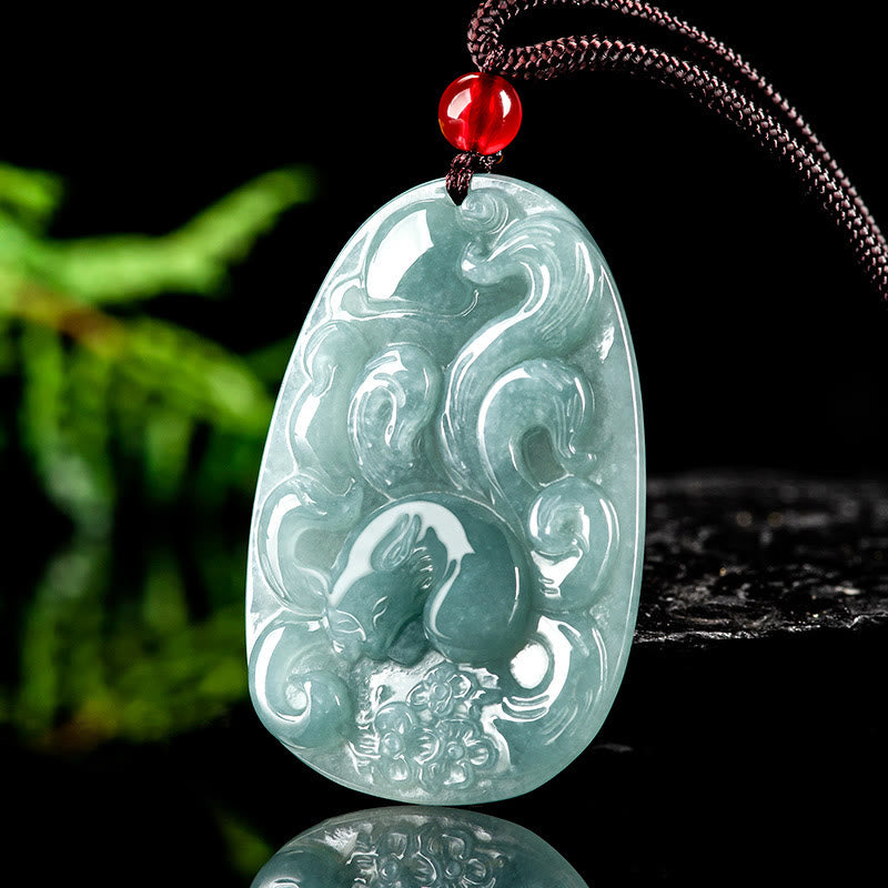 Buddha Stones天然緑翡翠 九尾狐花 幸運のネックレスペンダント