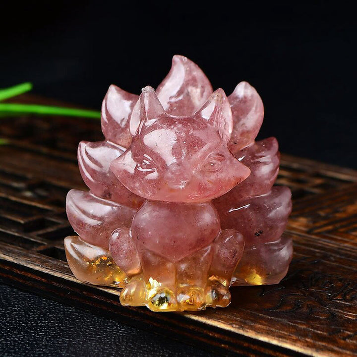 Buddha Stones天然石各種 クリスタル ストロベリークォーツ アメジスト 九尾の狐 守護 家の装飾