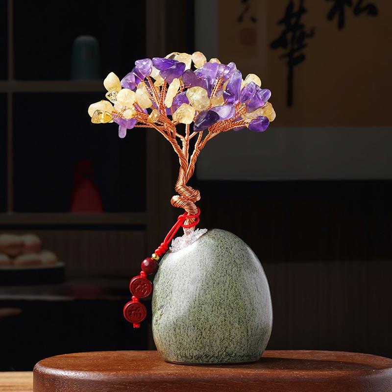 Buddha Stonesシトリン アメジスト グリーン アベンチュリン クリスタルツリー セラミックベース 繁栄 家の装飾 - シトリン+アメジスト 4.5×12cm - image 5