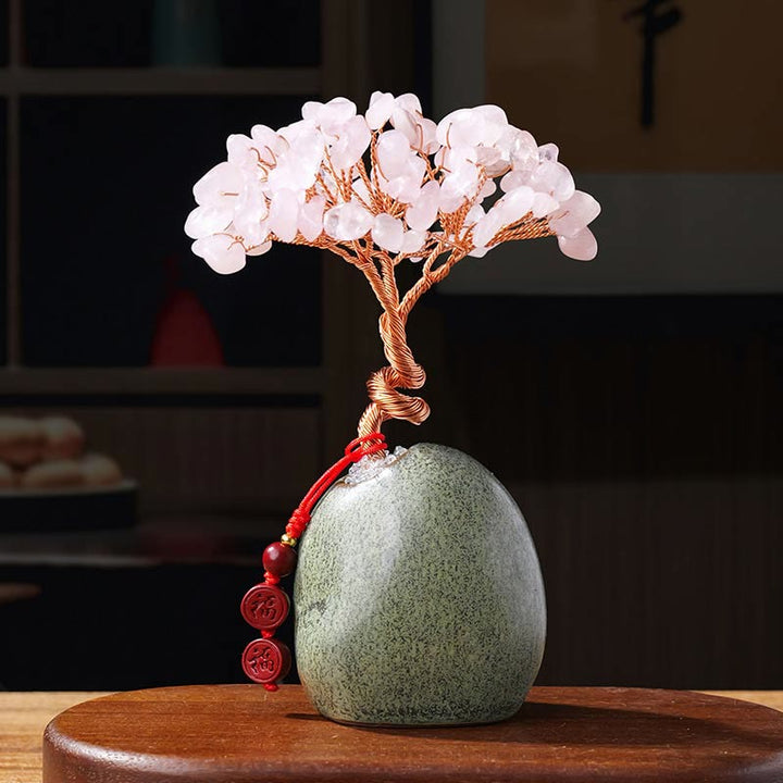 Buddha Stonesシトリン アメジスト グリーン アベンチュリン クリスタルツリー セラミックベース 繁栄 家の装飾 - ピンククリスタル 4.5×12cm - image 9