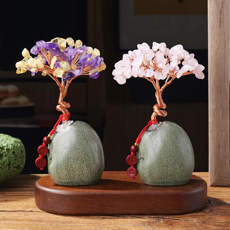 Buddha Stonesシトリン アメジスト グリーン アベンチュリン クリスタルツリー セラミックベース 繁栄 家の装飾