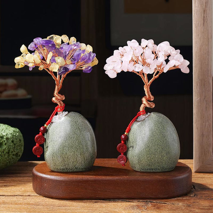 Buddha Stonesシトリン アメジスト グリーン アベンチュリン クリスタルツリー セラミックベース 繁栄 家の装飾