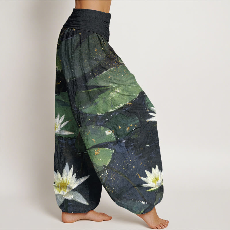 Buddha Stonesカジュアル 湖畔の蓮の葉柄 レディース 伸縮性ウエスト ハーレムパンツ - image 2