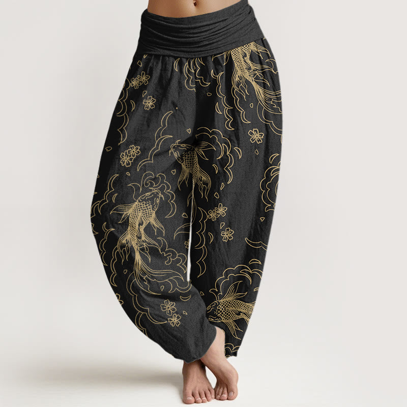 Buddha Stonesカジュアル 鯉 波 花びら ライン柄 レディース 伸縮性ウエスト ハーレムパンツ - 黒 - US22、 UK/AU26、 EU54 (6XL) - image 1