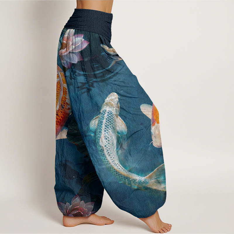 Buddha Stones、カジュアル、鯉、蓮、波紋柄、レディース、伸縮性ウエスト、ハーレムパンツ - image 2