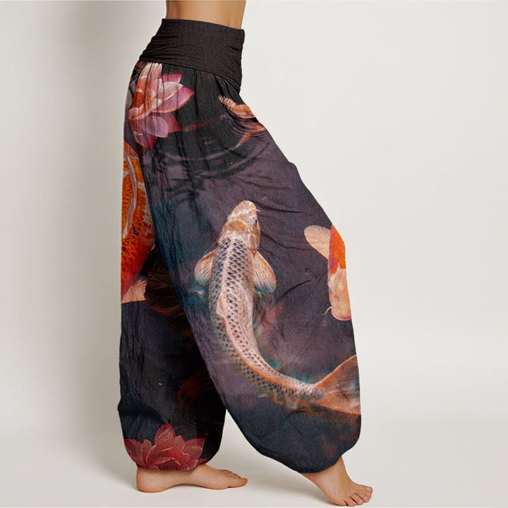 Buddha Stones、カジュアル、鯉、蓮、波紋柄、レディース、伸縮性ウエスト、ハーレムパンツ - image 6