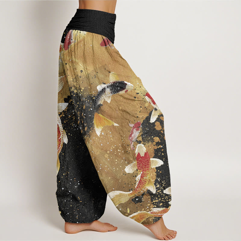 Buddha Stonesカジュアル 鯉 金インク背景柄 レディース 伸縮性ウエスト ハーレムパンツ - image 3