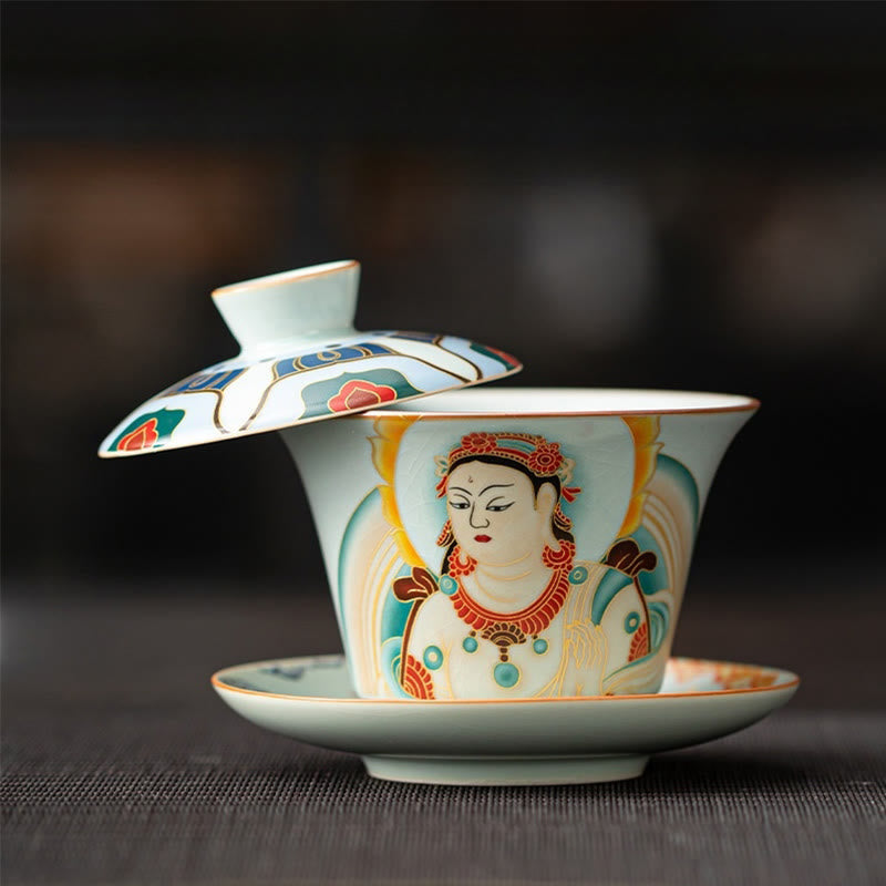 Buddha Stonesタンカ龍仏陀敦煌陶器蓋湾三彩カンフーティーカップ＆ソーサー蓋付きギフトボックス180ml