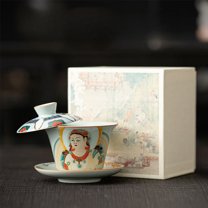 Buddha Stonesタンカ龍仏陀敦煌陶器蓋湾三彩カンフーティーカップ＆ソーサー蓋付きギフトボックス180ml