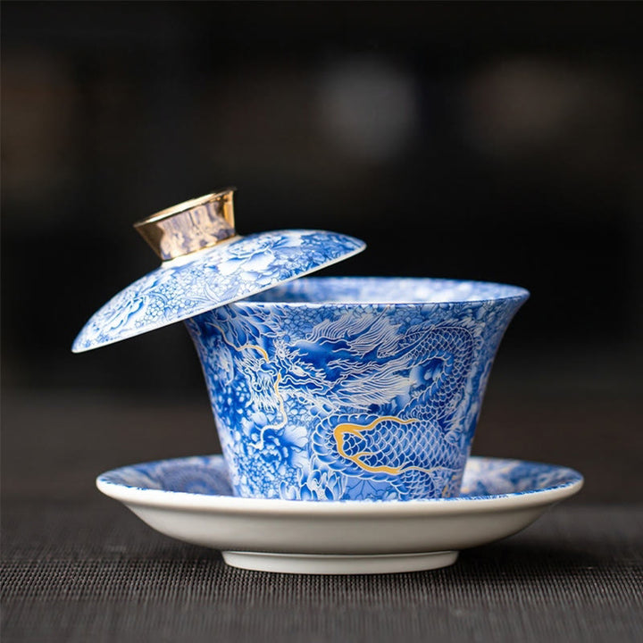 Buddha Stonesタンカ龍仏陀敦煌陶器蓋湾三彩カンフーティーカップ＆ソーサー蓋付きギフトボックス180ml