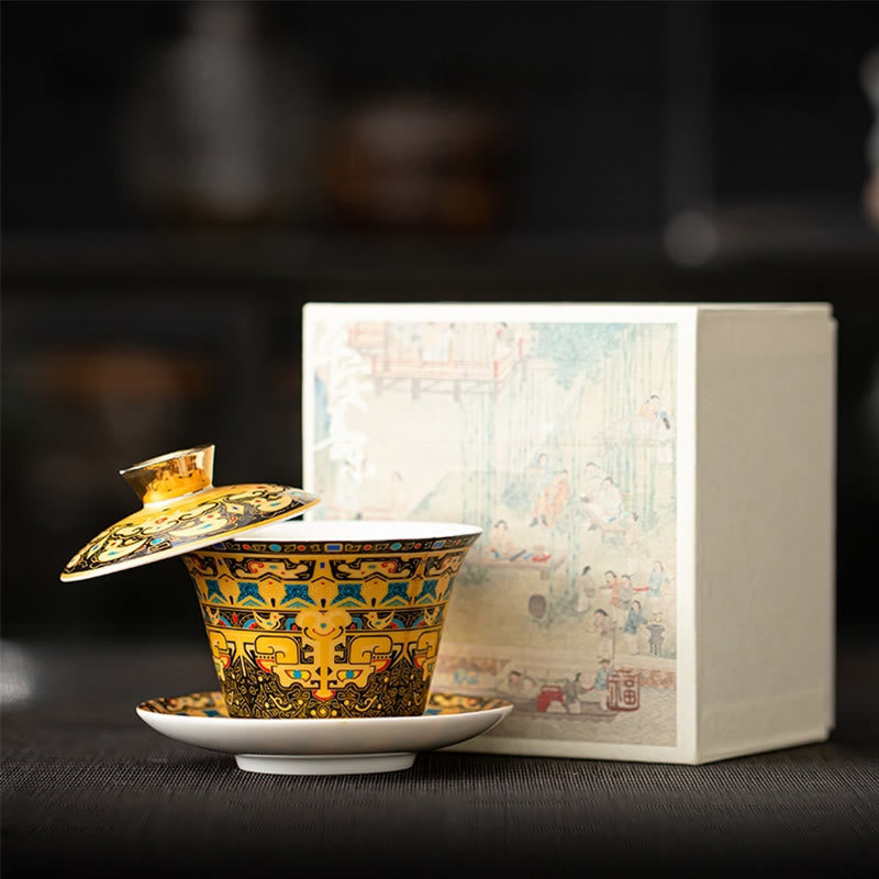 Buddha Stonesタンカ龍仏陀敦煌陶器蓋湾三彩カンフーティーカップ＆ソーサー蓋付きギフトボックス180ml