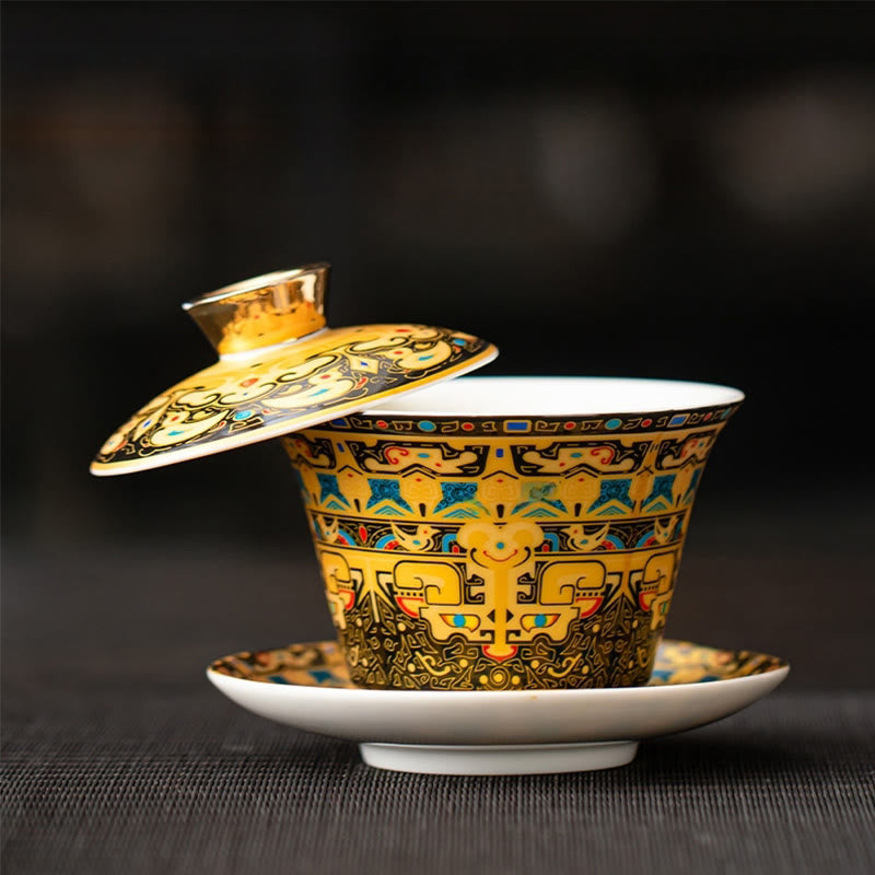 Buddha Stonesタンカ龍仏陀敦煌陶器蓋湾三彩カンフーティーカップ＆ソーサー蓋付きギフトボックス180ml