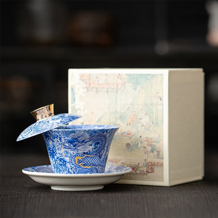 Buddha Stonesタンカ龍仏陀敦煌陶器蓋湾三彩カンフーティーカップ＆ソーサー蓋付きギフトボックス180ml