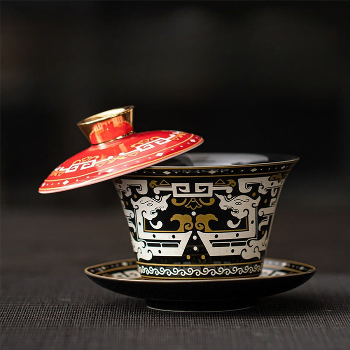 Buddha Stonesタンカ龍仏陀敦煌陶器蓋湾三彩カンフーティーカップ＆ソーサー蓋付きギフトボックス180ml