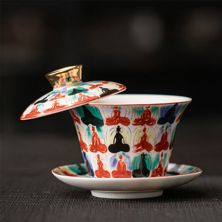 Buddha Stonesタンカ龍仏陀敦煌陶器蓋湾三彩カンフーティーカップ＆ソーサー蓋付きギフトボックス180ml