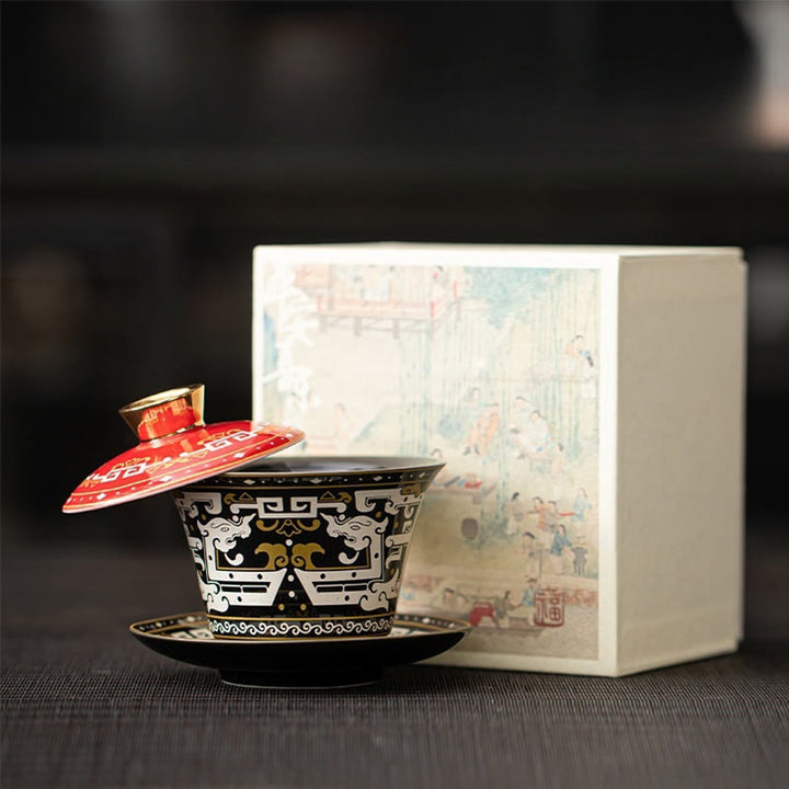 Buddha Stonesタンカ龍仏陀敦煌陶器蓋湾三彩カンフーティーカップ＆ソーサー蓋付きギフトボックス180ml