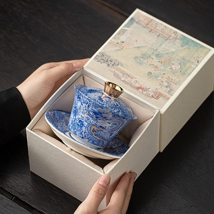 Buddha Stonesタンカ龍仏陀敦煌陶器蓋湾三彩カンフーティーカップ＆ソーサー蓋付きギフトボックス180ml