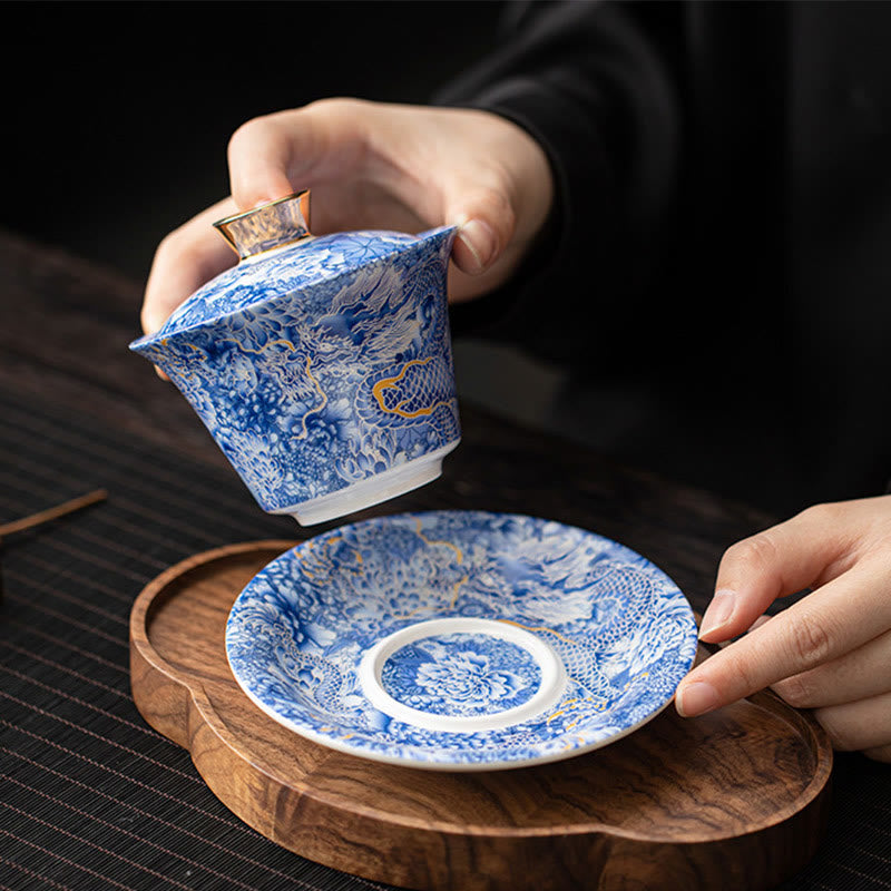 Buddha Stonesタンカ龍仏陀敦煌陶器蓋湾三彩カンフーティーカップ＆ソーサー蓋付きギフトボックス180ml