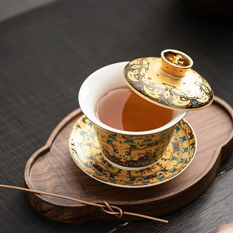 Buddha Stonesタンカ龍仏陀敦煌陶器蓋湾三彩カンフーティーカップ＆ソーサー蓋付きギフトボックス180ml