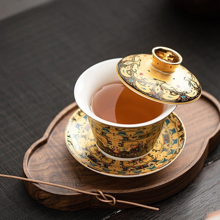 Buddha Stonesタンカ龍仏陀敦煌陶器蓋湾三彩カンフーティーカップ＆ソーサー蓋付きギフトボックス180ml