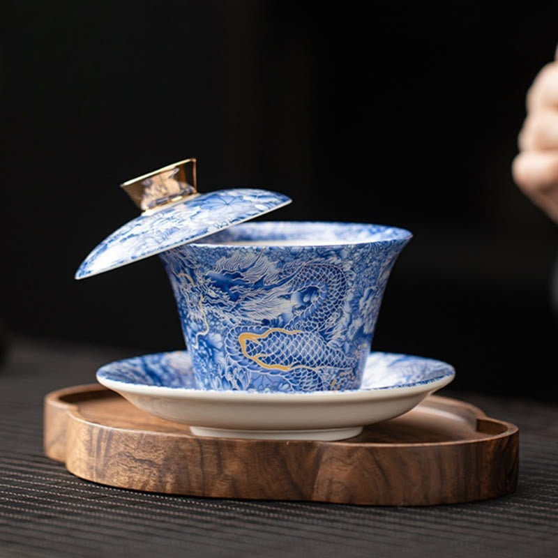 Buddha Stonesタンカ龍仏陀敦煌陶器蓋湾三彩カンフーティーカップ＆ソーサー蓋付きギフトボックス180ml