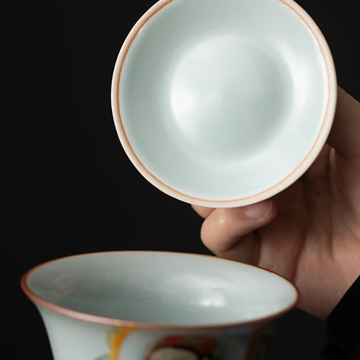 Buddha Stonesタンカ龍仏陀敦煌陶器蓋湾三彩カンフーティーカップ＆ソーサー蓋付きギフトボックス180ml