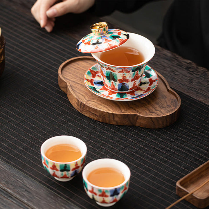 Buddha Stonesタンカ龍仏陀敦煌陶器蓋湾三彩カンフーティーカップ＆ソーサー蓋付きギフトボックス180ml