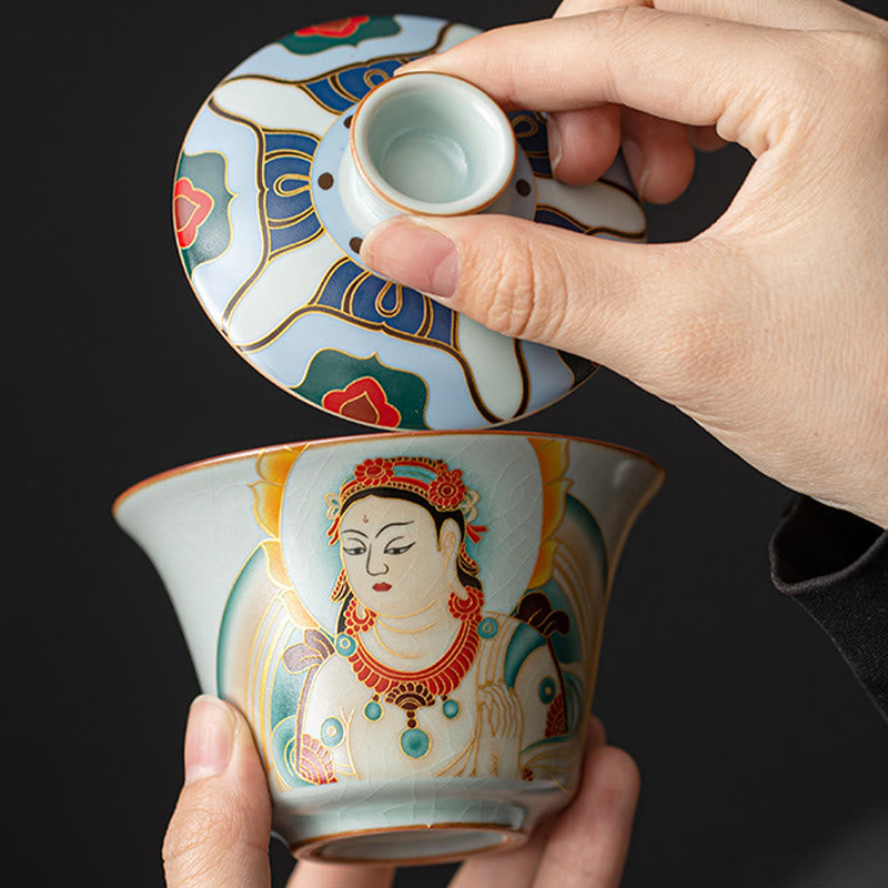 Buddha Stonesタンカ龍仏陀敦煌陶器蓋湾三彩カンフーティーカップ＆ソーサー蓋付きギフトボックス180ml