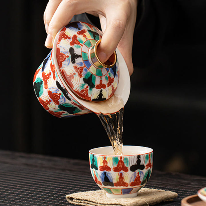 Buddha Stonesタンカ龍仏陀敦煌陶器蓋湾三彩カンフーティーカップ＆ソーサー蓋付きギフトボックス180ml