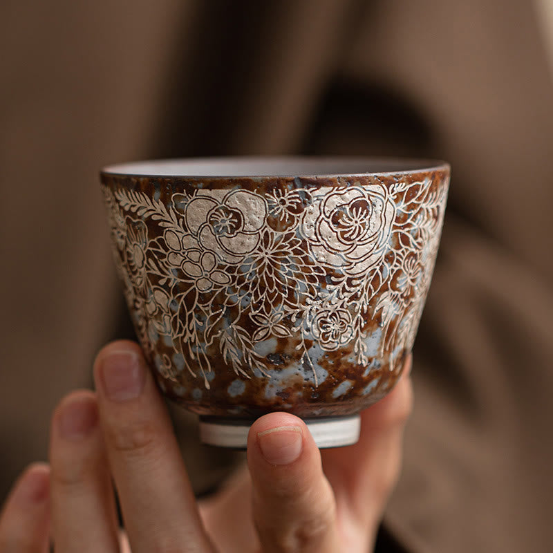 Buddha Stonesブラウン 花 満開 ティーカップ カンフーティーカップ 100ml ギフトボックス付き