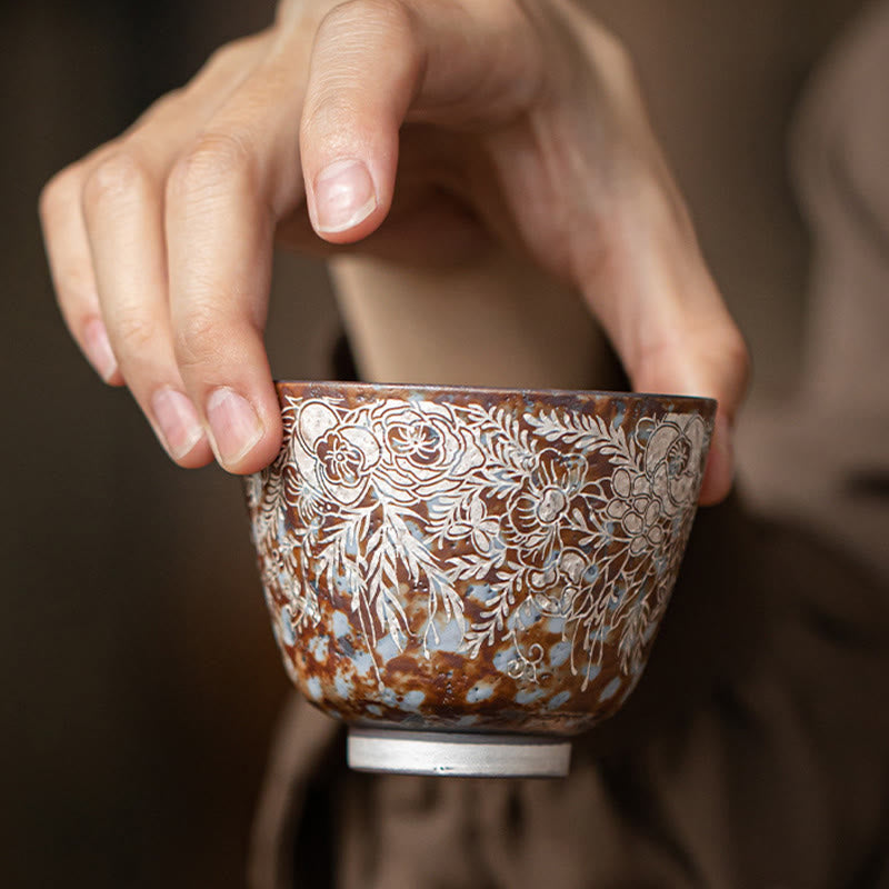 Buddha Stonesブラウン 花 満開 ティーカップ カンフーティーカップ 100ml ギフトボックス付き
