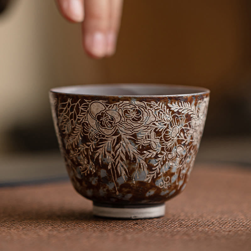 Buddha Stonesブラウン 花 満開 ティーカップ カンフーティーカップ 100ml ギフトボックス付き