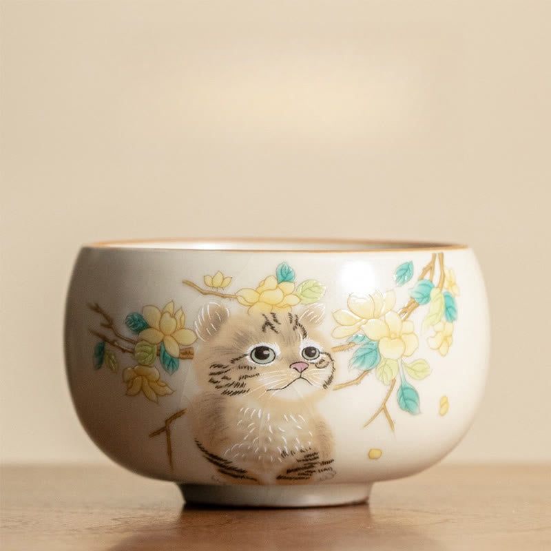 Buddha Stones、かわいい猫、黄色い花、ウサギのティーカップ、カンフーティーカップ - 猫 6.8cm*4cm*80ml - image 1